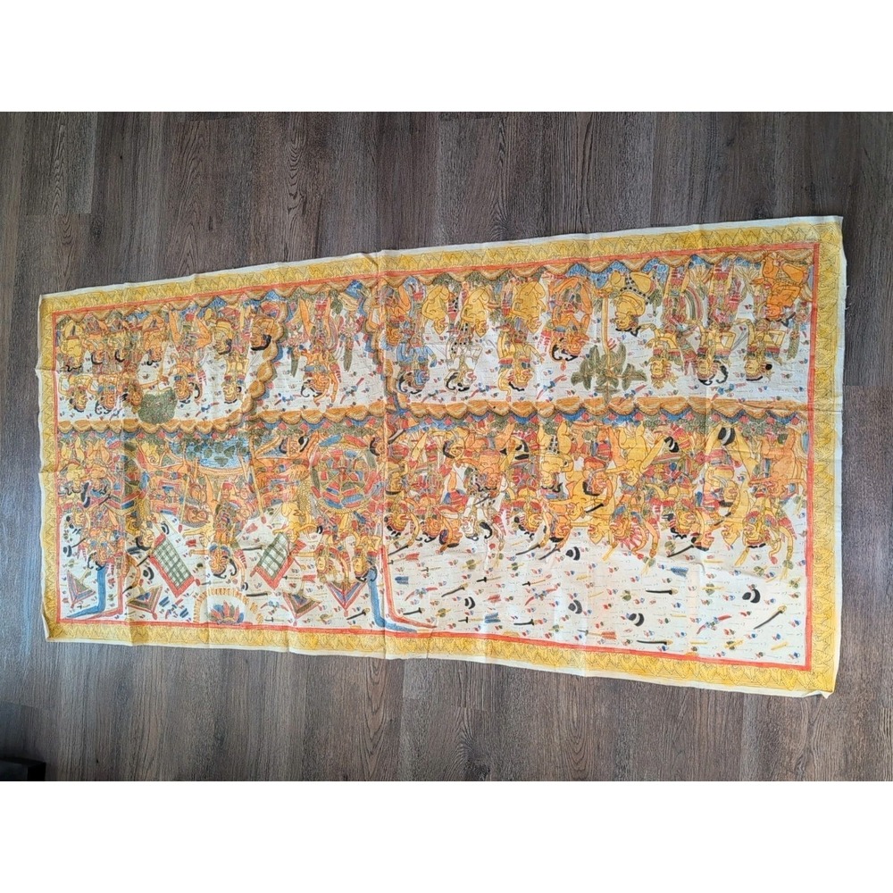 Vintage Kamasan Bali Indonesia Textile Hand Painting Mural 74" X 34"